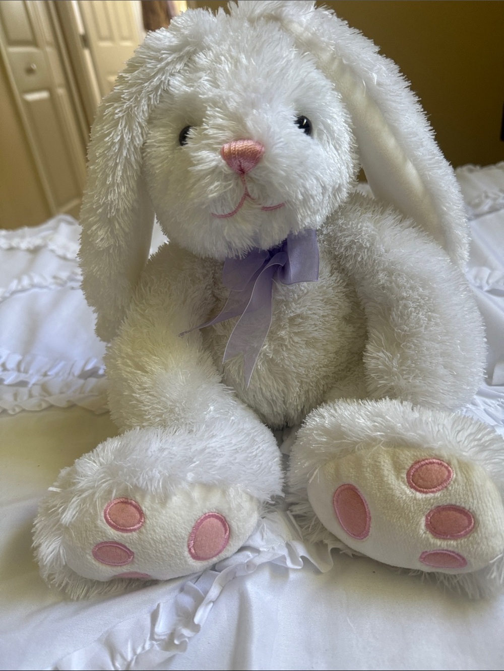 Plush White Bunny with Pink Accents and Lavender Bow - Soft Stuffed Animal